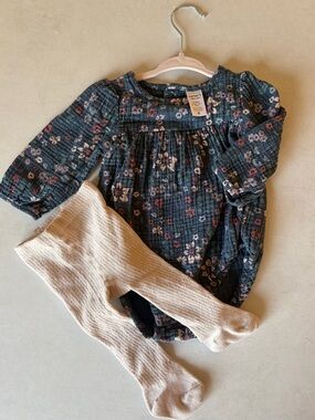 Carter's Navy Floral Long-Sleeve Baby Romper with Cream Tights 3-6m